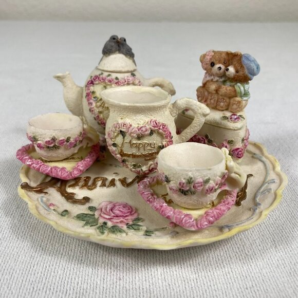 1996 Popular Imports Resin Tea Set Lot • Happy Anniversary Plate & Pieces - Picture 7 of 9